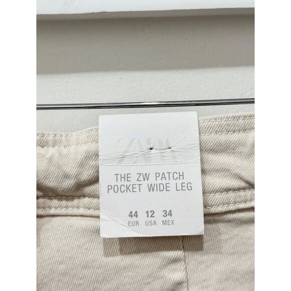 NWT Zara High Waisted Patch Pocket Denim Wide Leg Ankle Jeans Cream Women's 12 - Picture 3 of 6